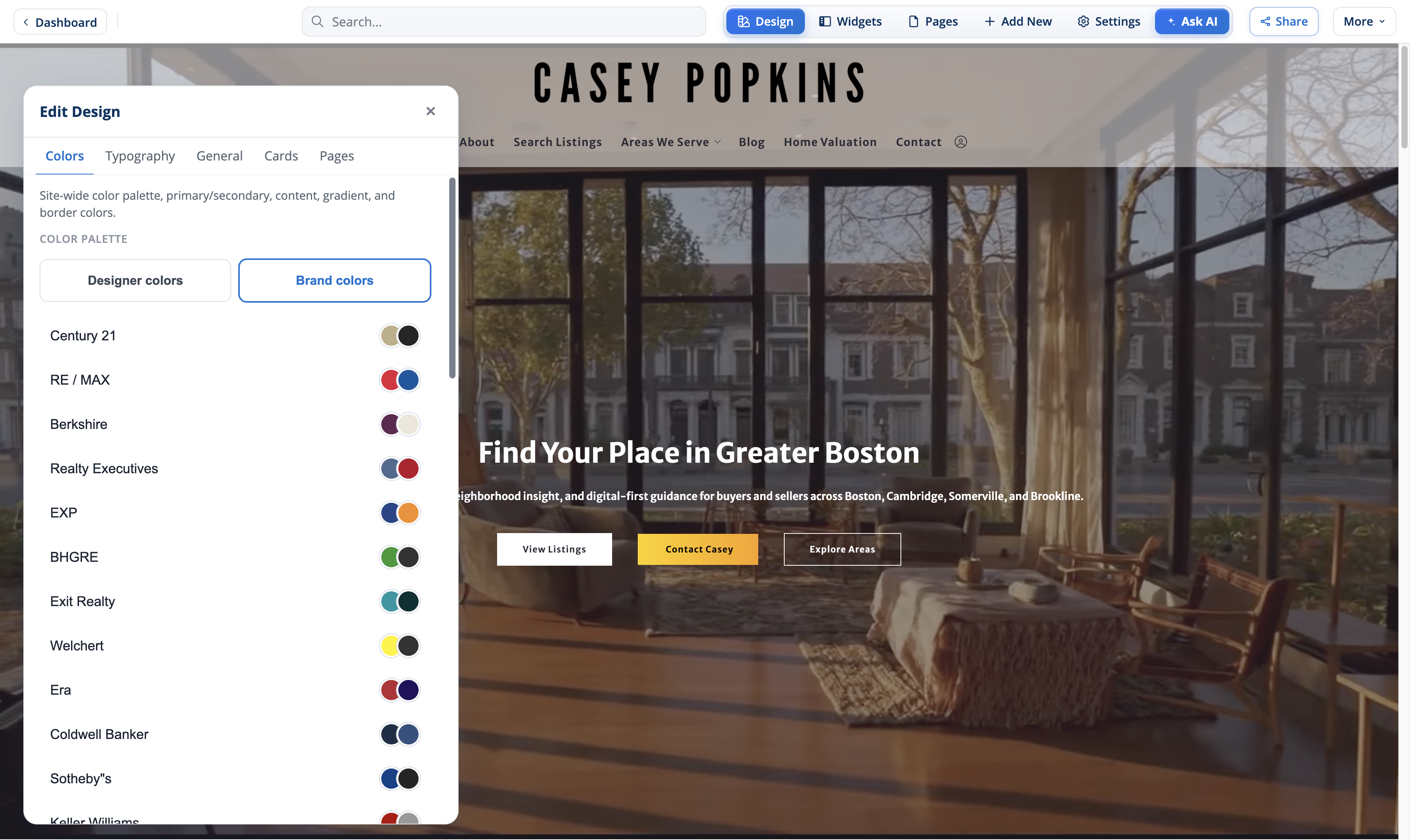 The Design hub Colors tab with brand palettes
