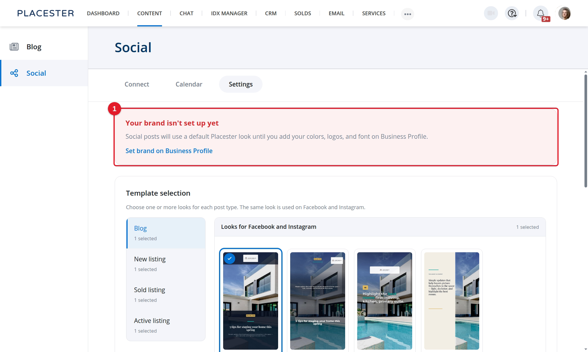 The missing-brand notice in Social settings