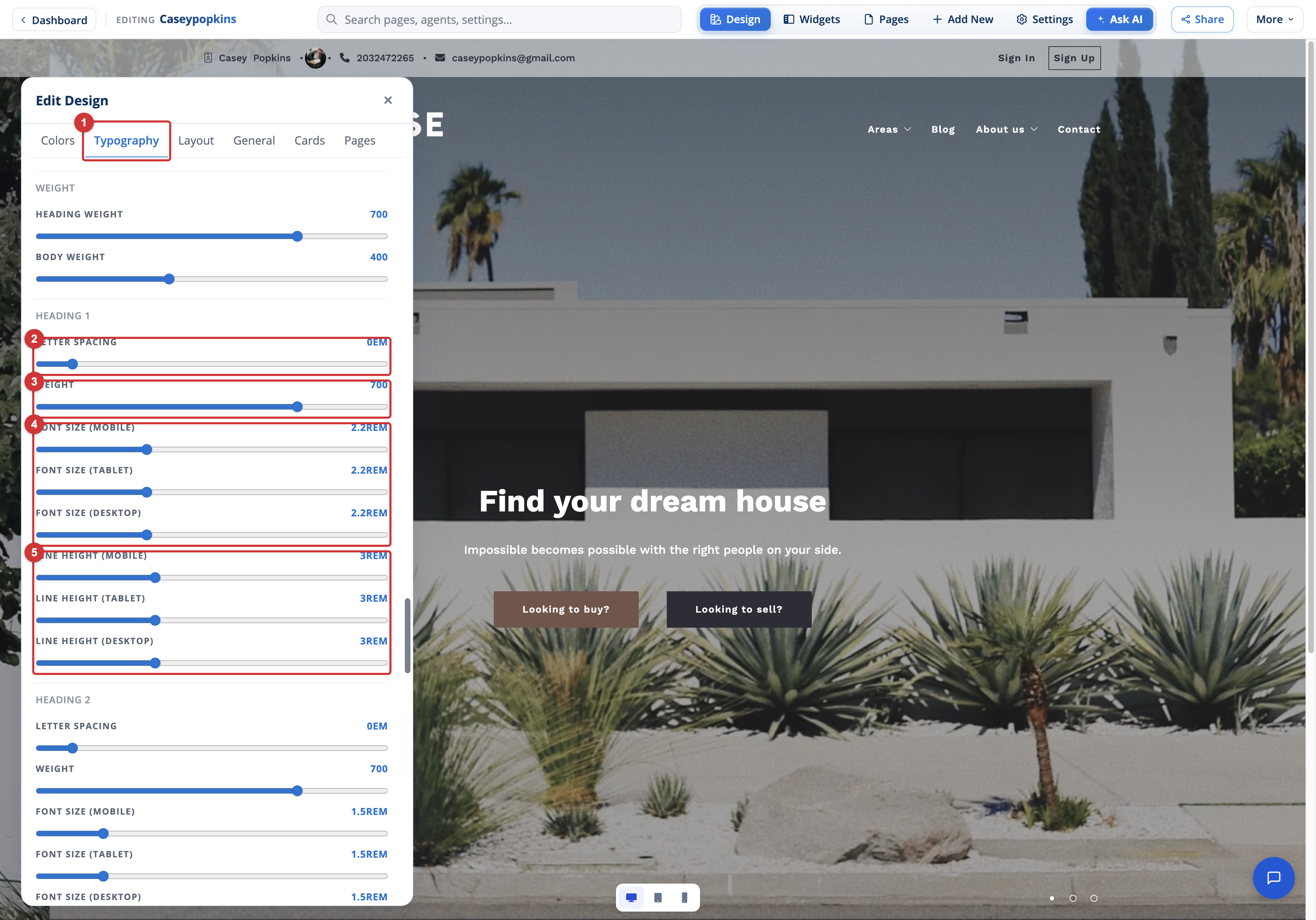 Heading 1 typography sliders in Site Edit