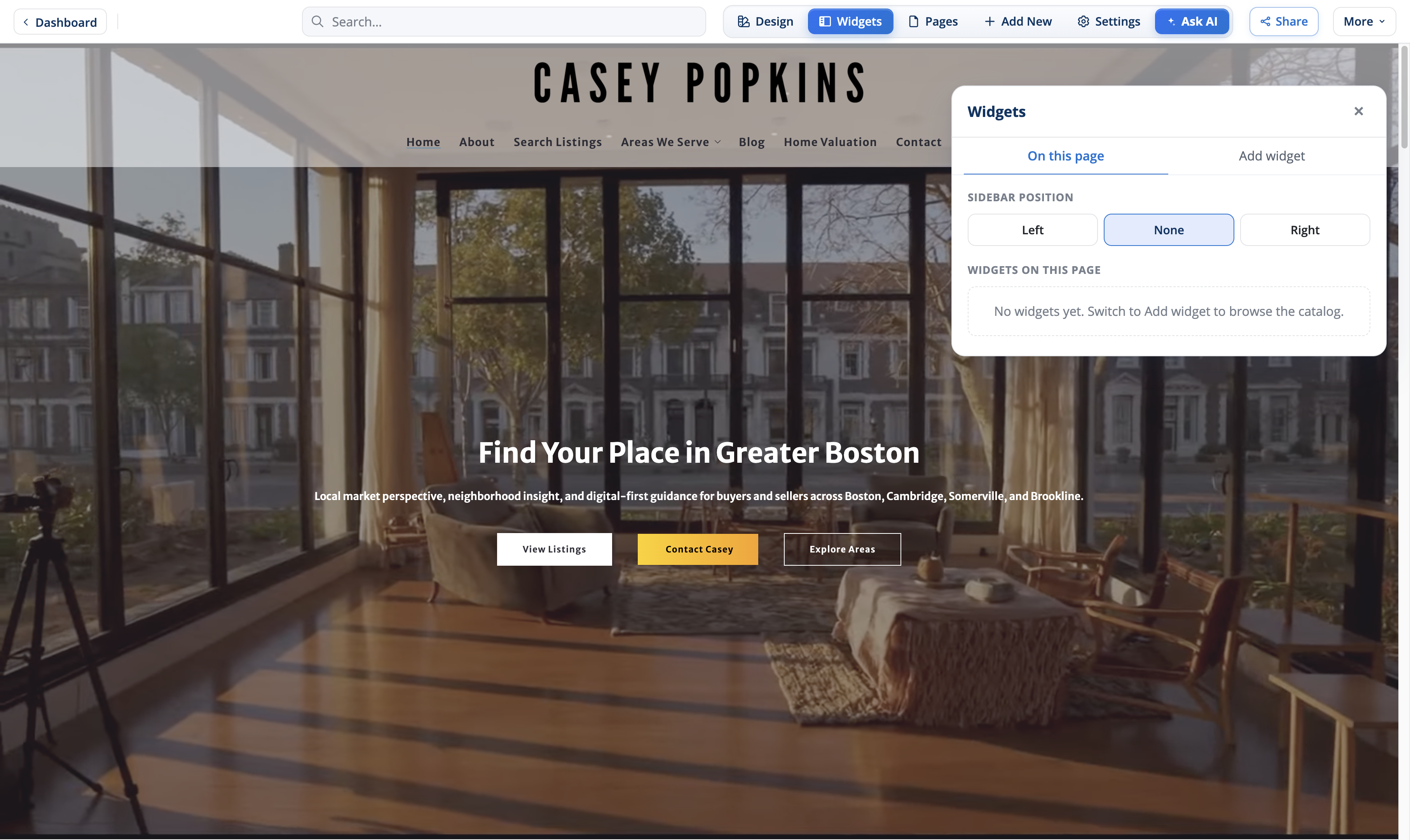 The Widgets hub with sidebar position controls