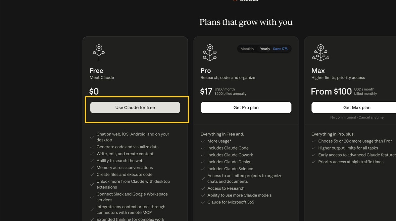 Plan selection with Free plan highlighted