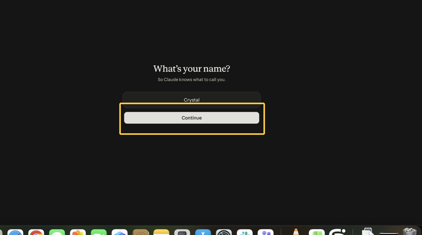 Continue after entering name