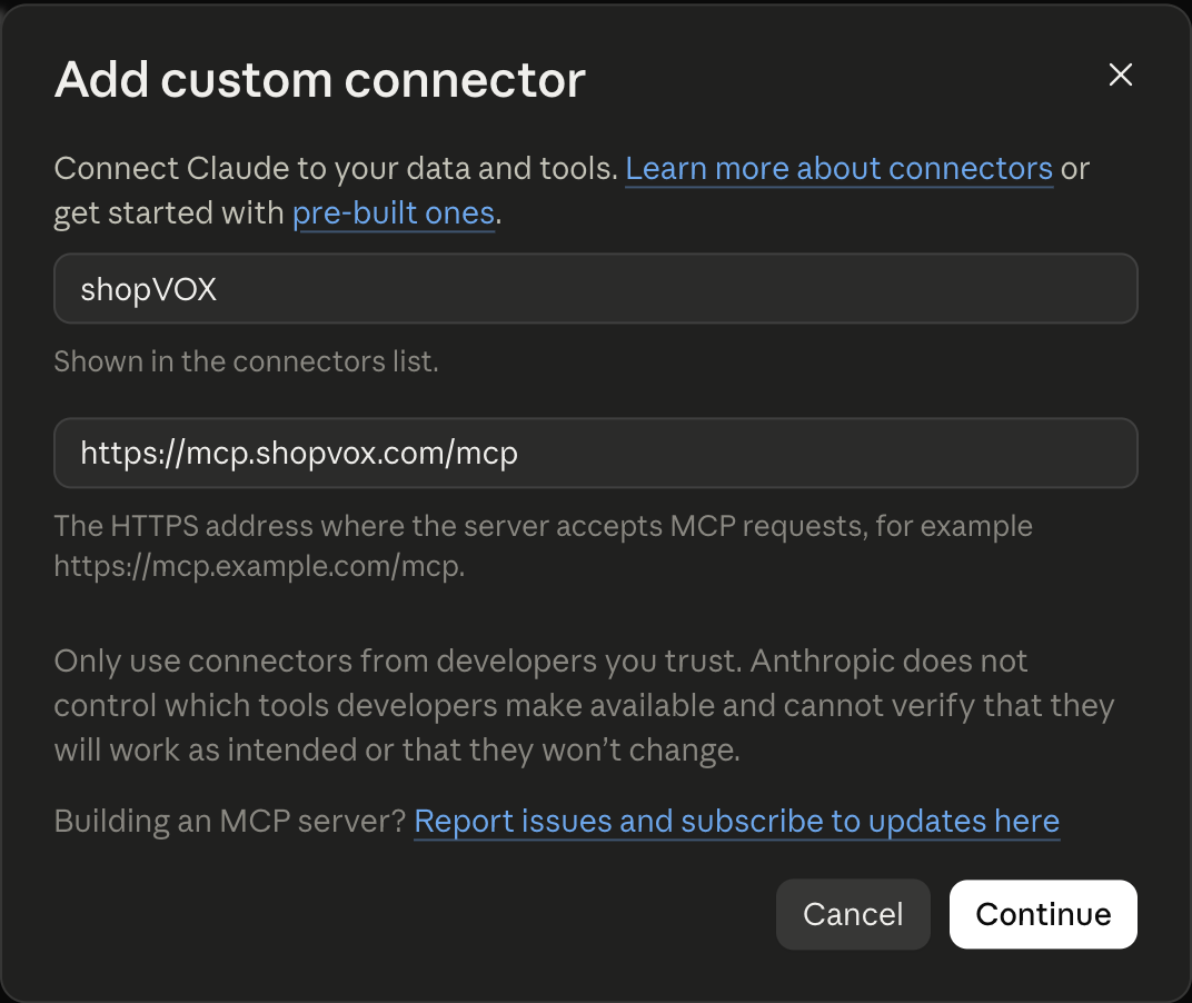 Add custom connector dialog filled in