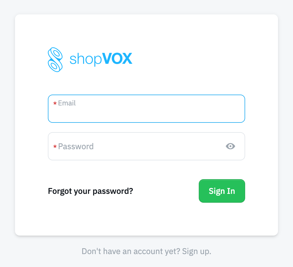 shopVOX sign-in page