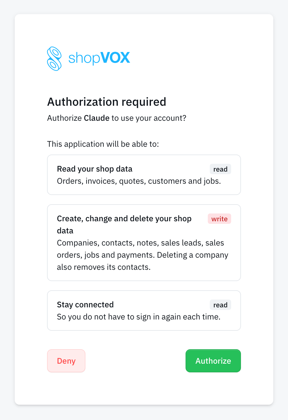shopVOX authorization screen