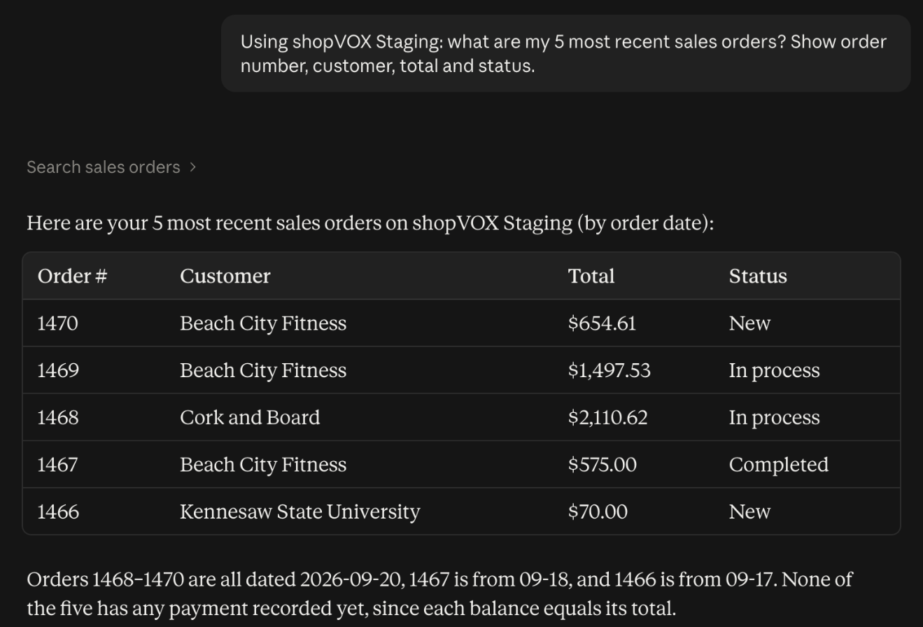 Example answer listing five recent sales orders