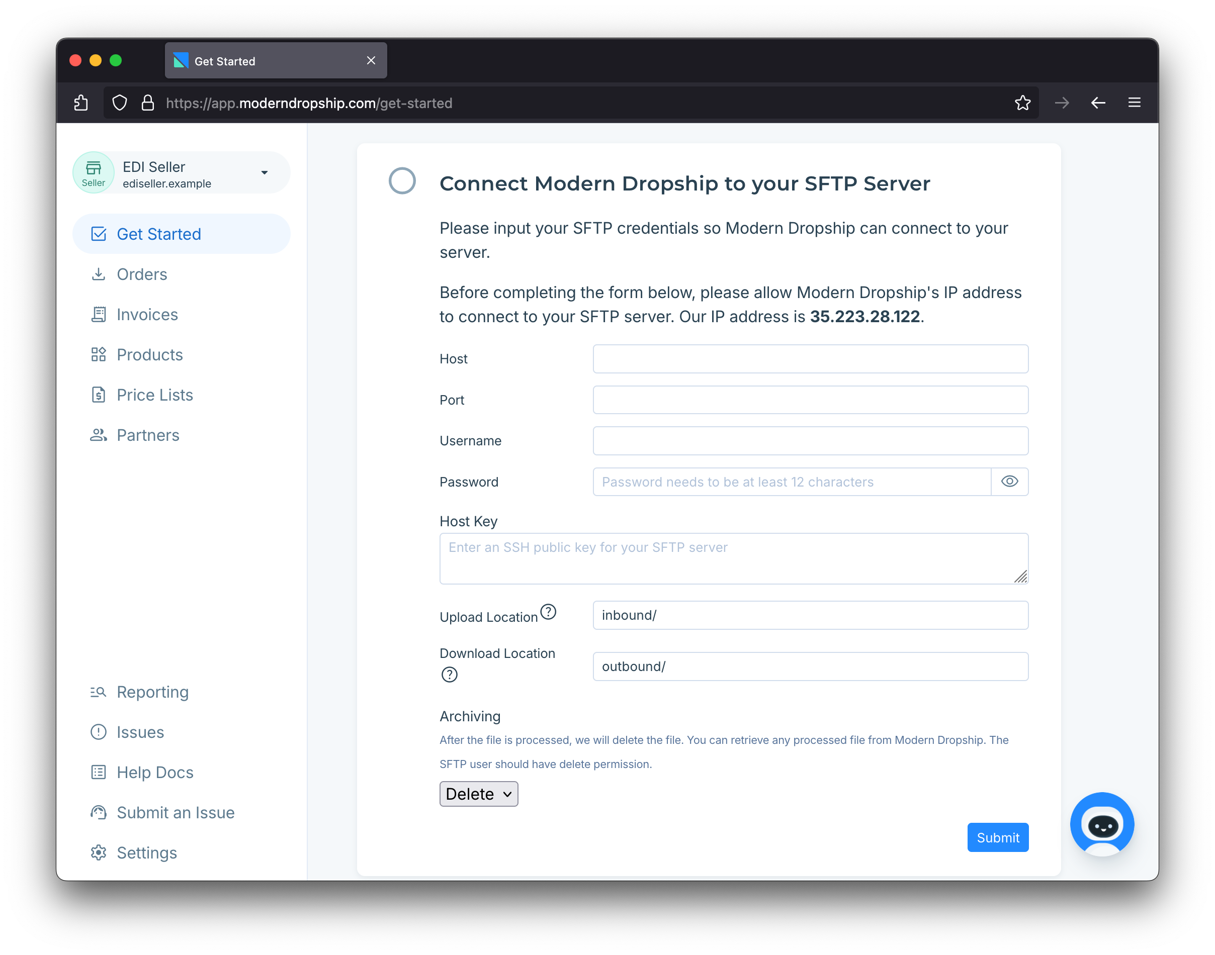 Adding external SFTP credentials