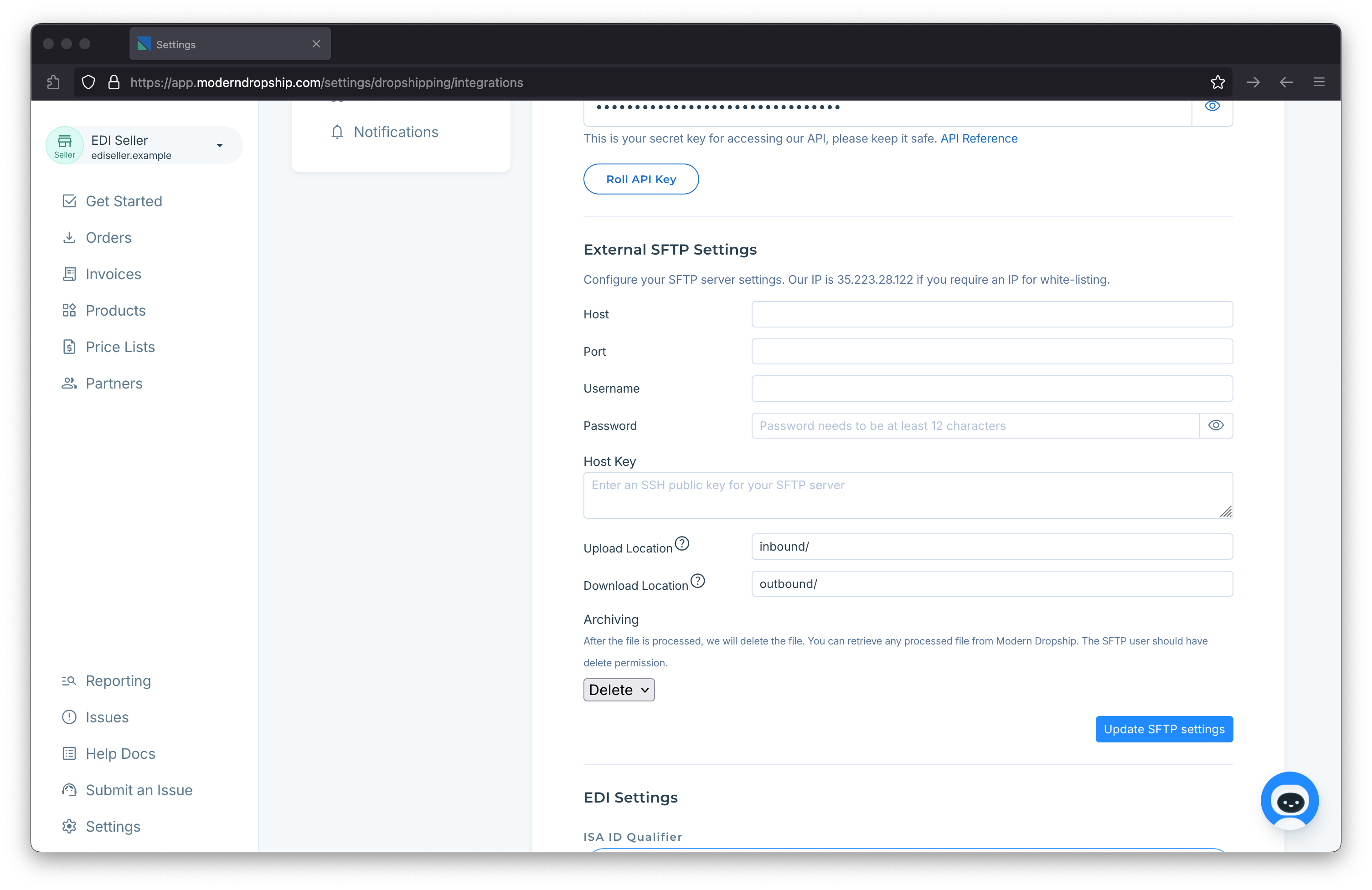 Dropshipping Integrations Settings page