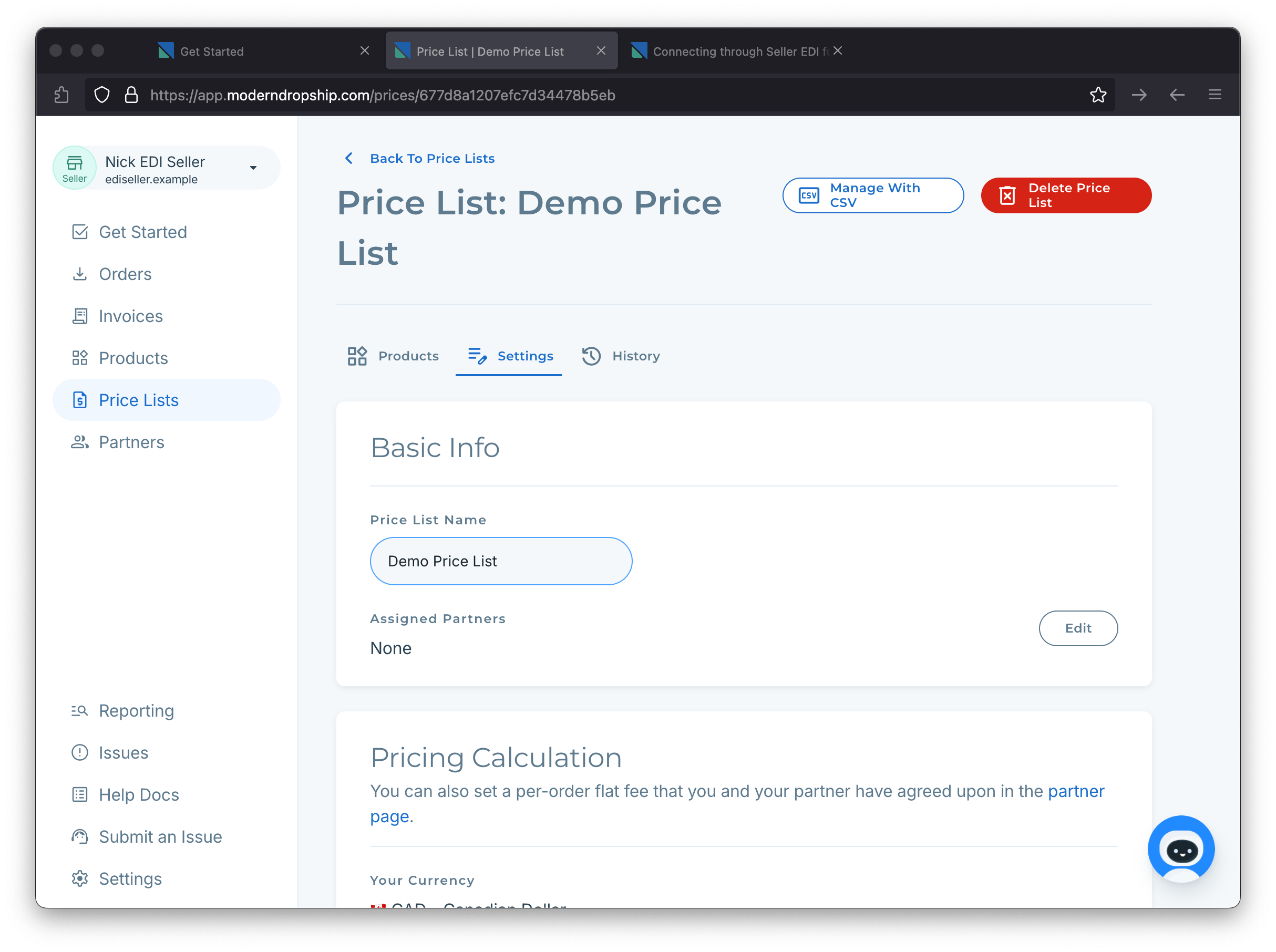 Price List Settings