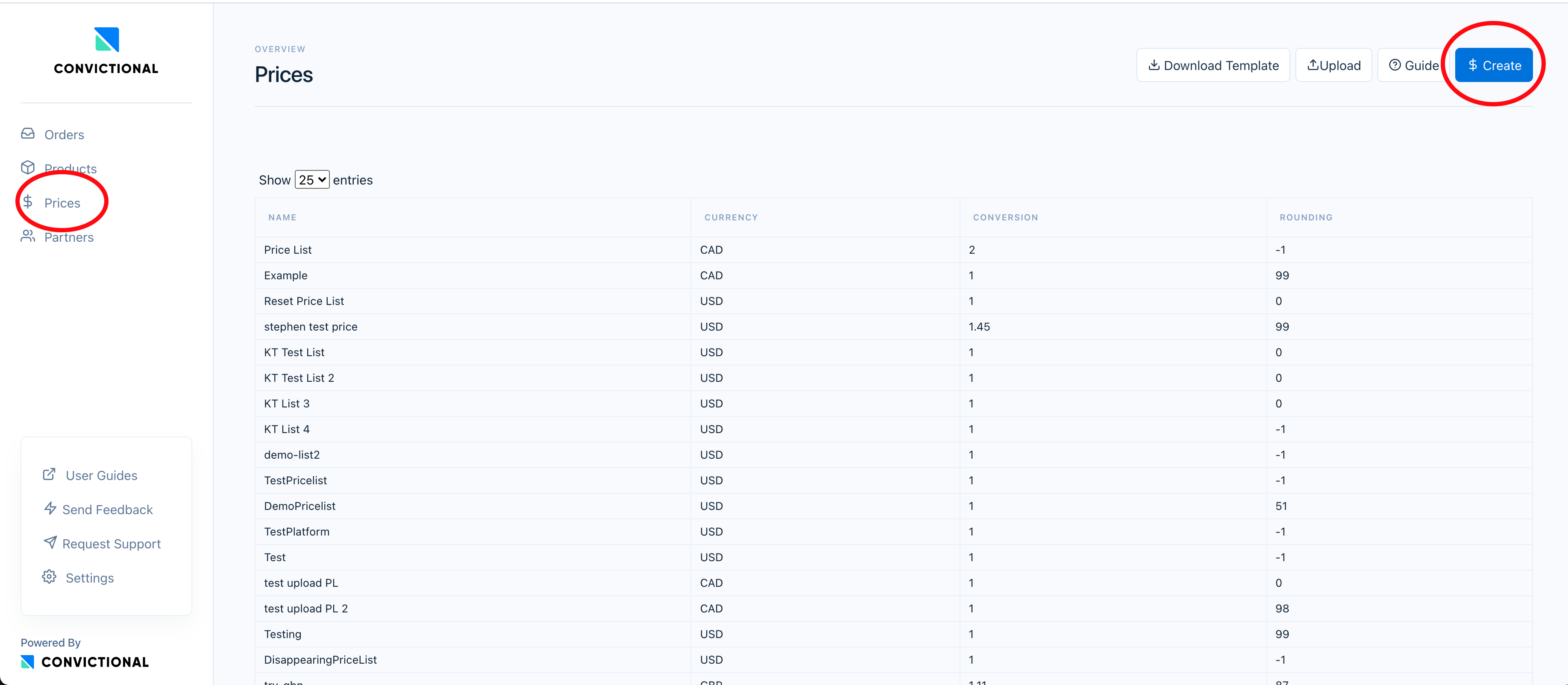 Create price list button