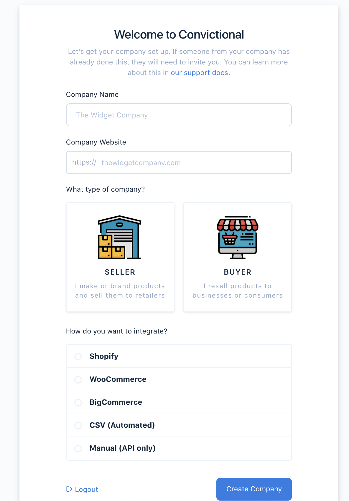 getting started company creation for convictional.com