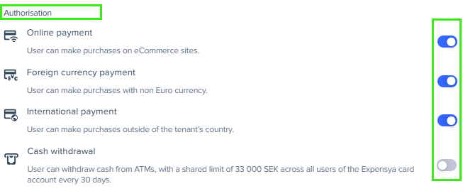 Edit authorized transaction types