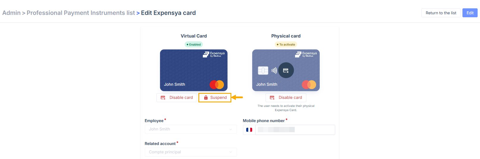 Suspend an Expensya card