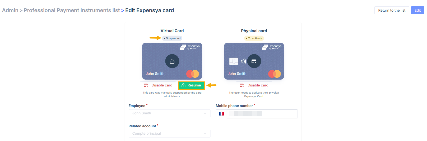 Resume a suspended card
