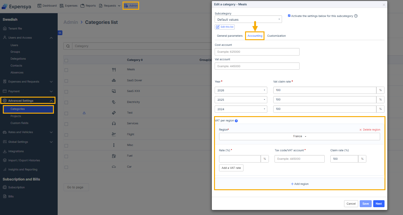 VAT per region section