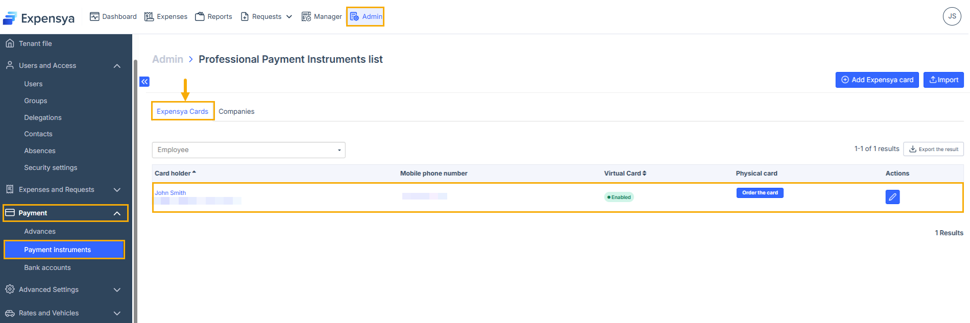 Access the Expensya cards settings