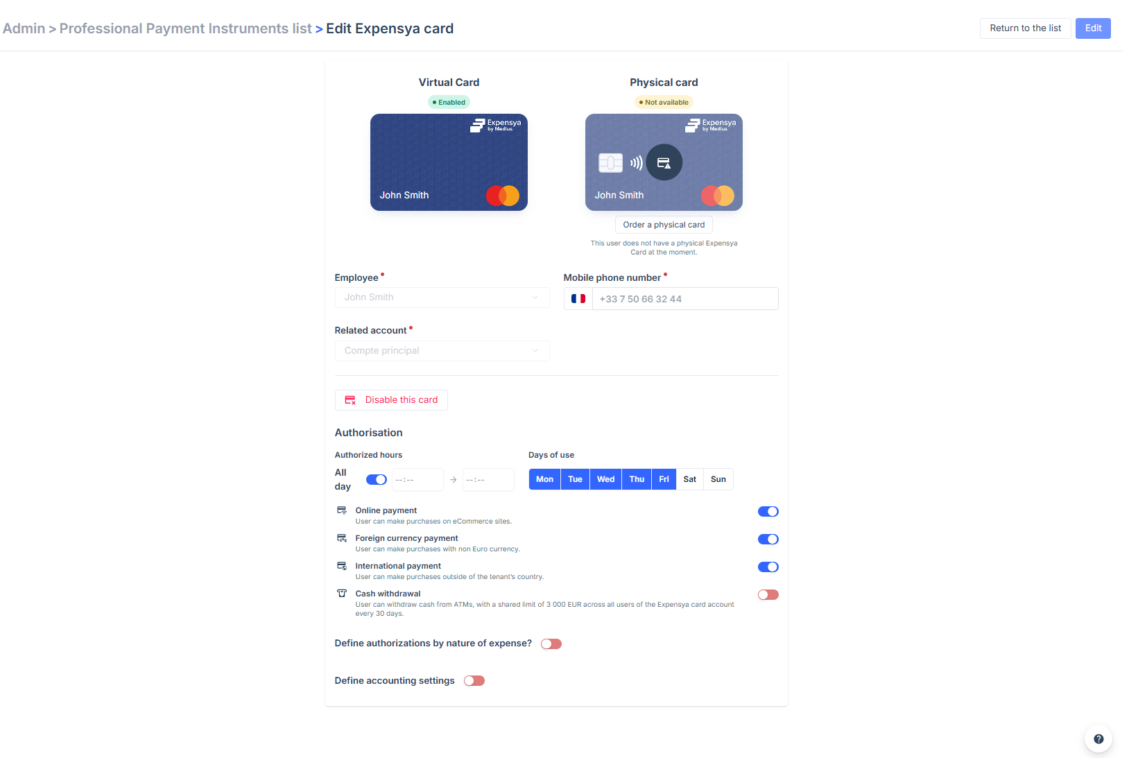 Update Expensya card settings page