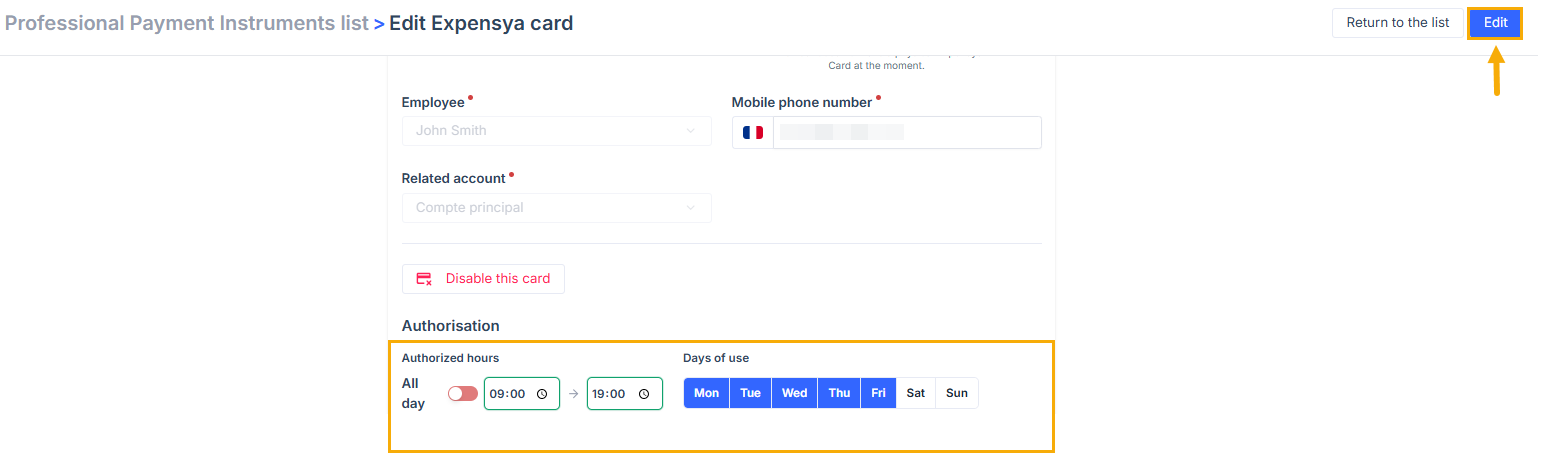Update authorized days and hours of use