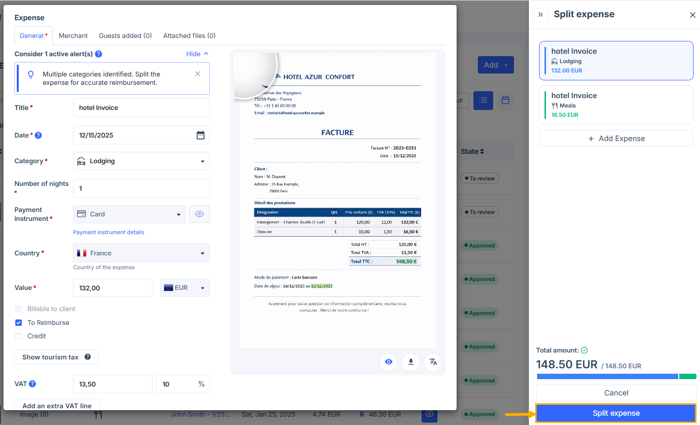 Split expense button