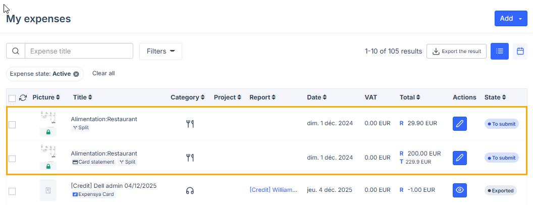 Split transaction-linked expenses