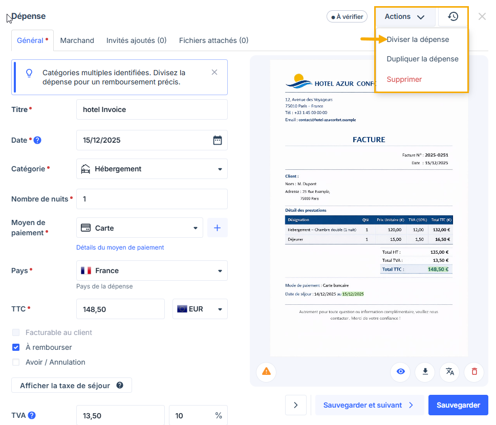Split expense button