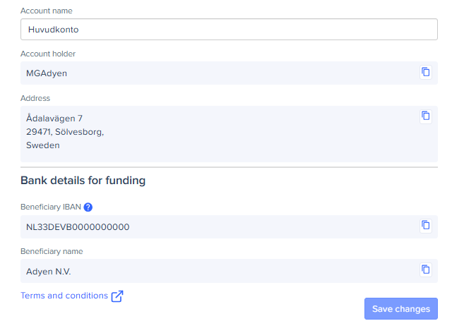 Adyen account details