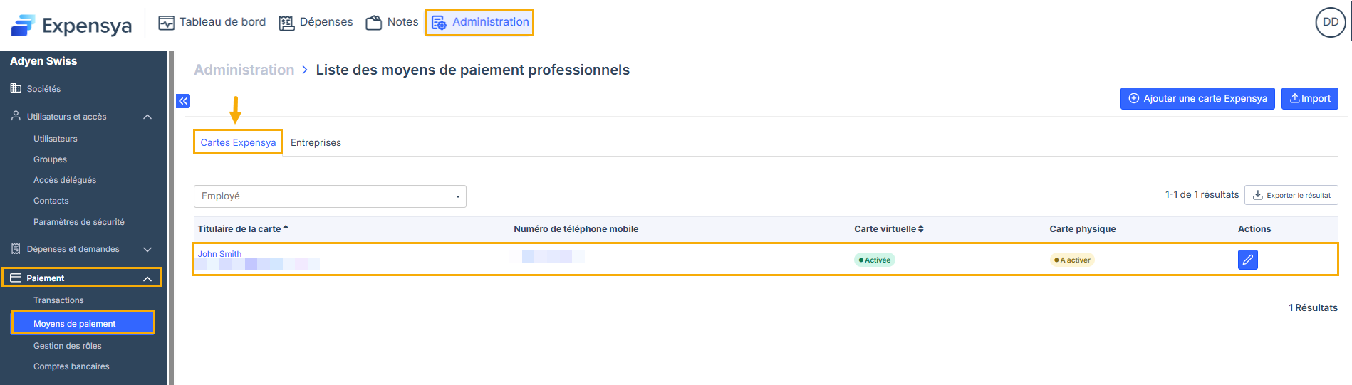 Access the Expensya cards settings