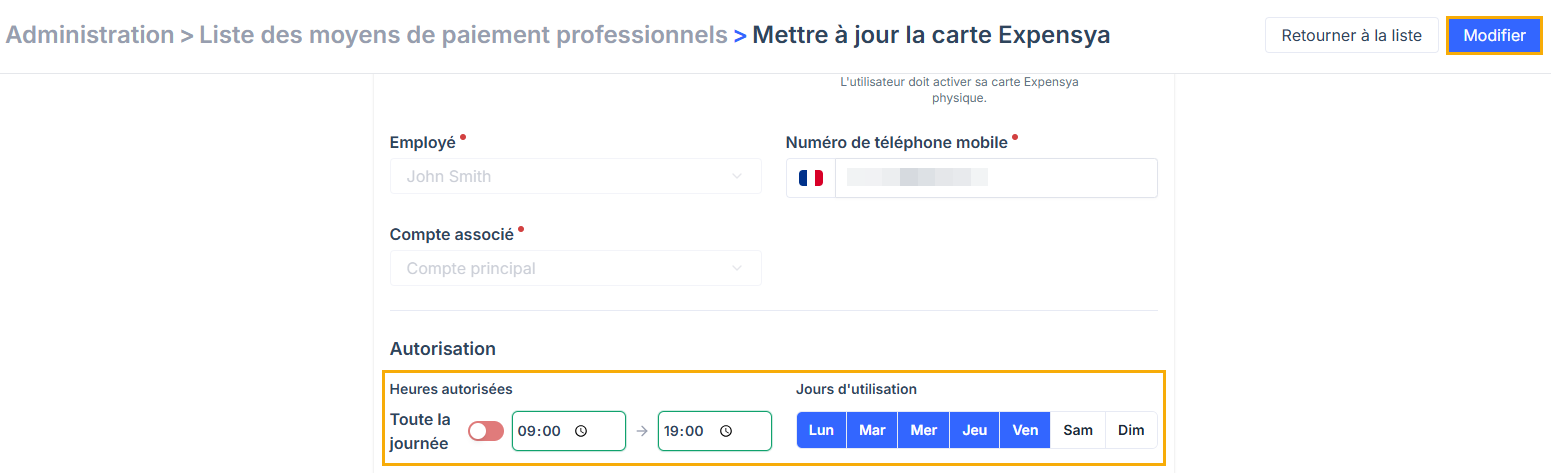 Update authorized days and hours of use