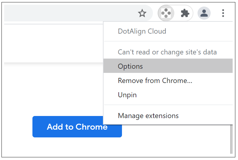 Accessing the options page for the DotAlign Cloud Chrome extension