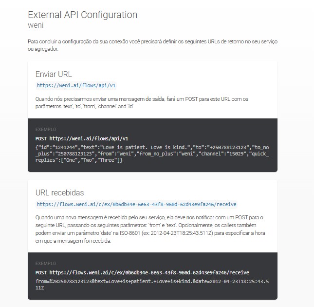 Página de configuração de API externa