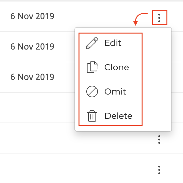 Edit, Clone, Omit, Delete menu