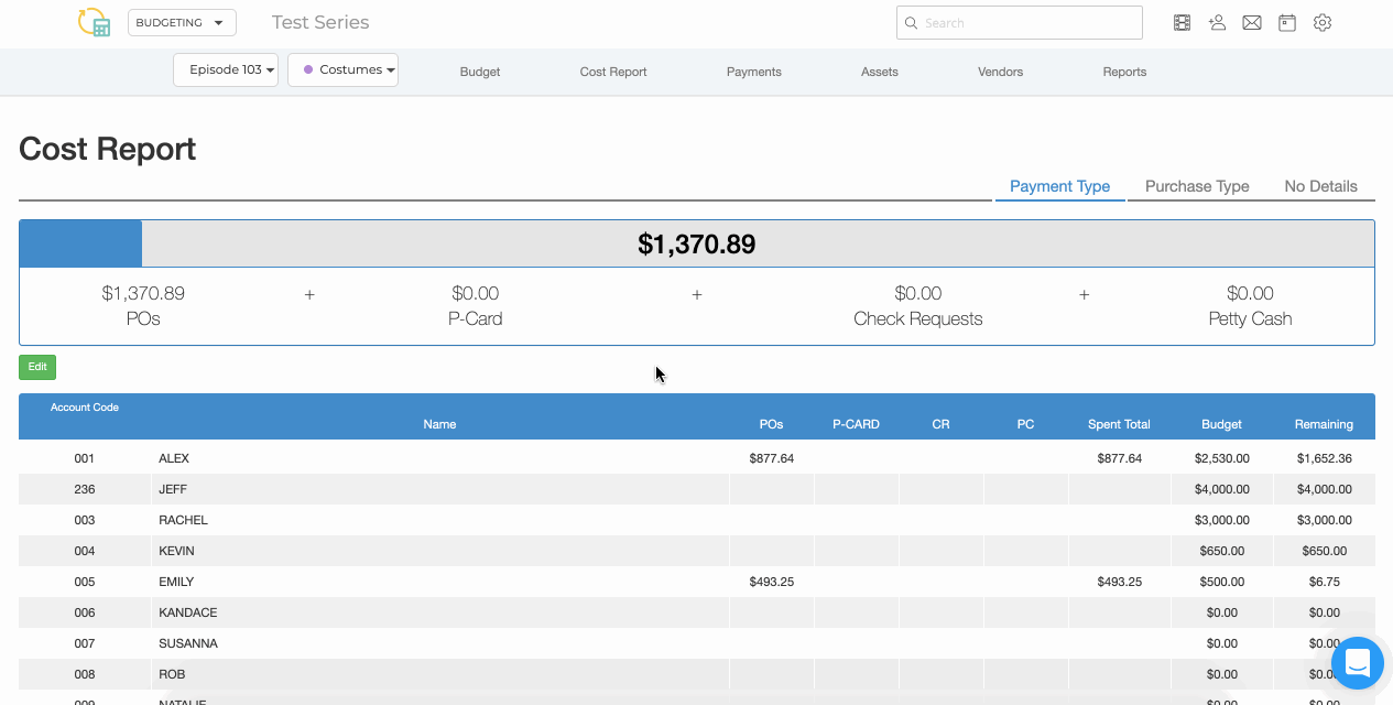 Cost Report Account Codes