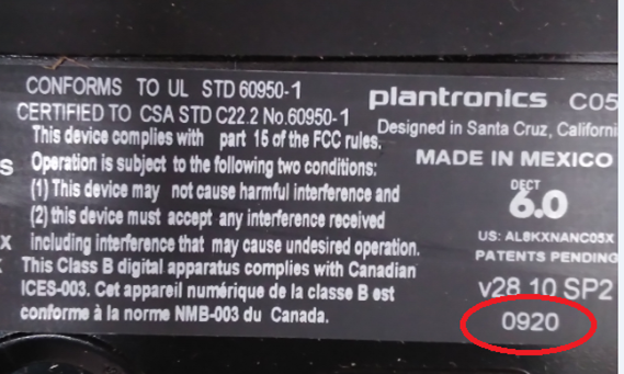 Plantronics date code on bottom of headset charging base