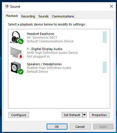 Windows PC Sound settings window