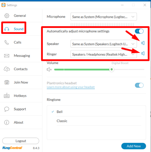 RingCental sound settings window