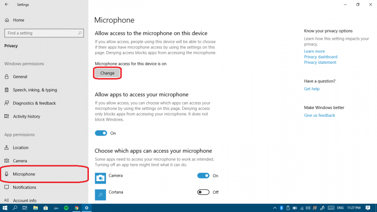 Microsoft Windows 10 microphone privacy settings
