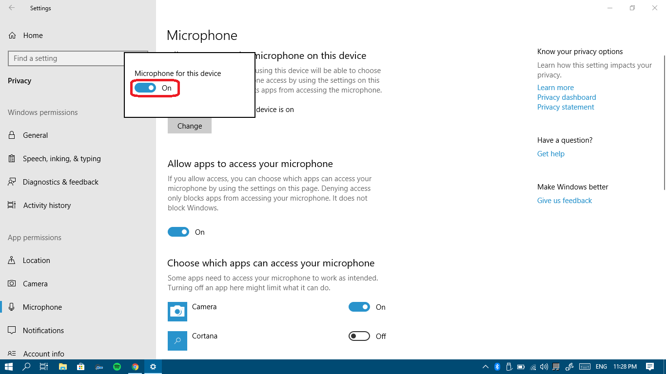 Windows 10 microphone privacy setting enabled