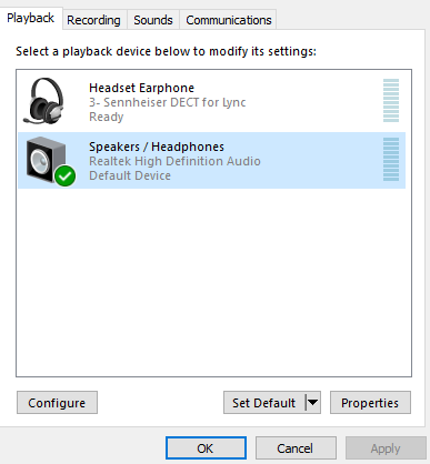 Windows sound control panel playback and recording tabs