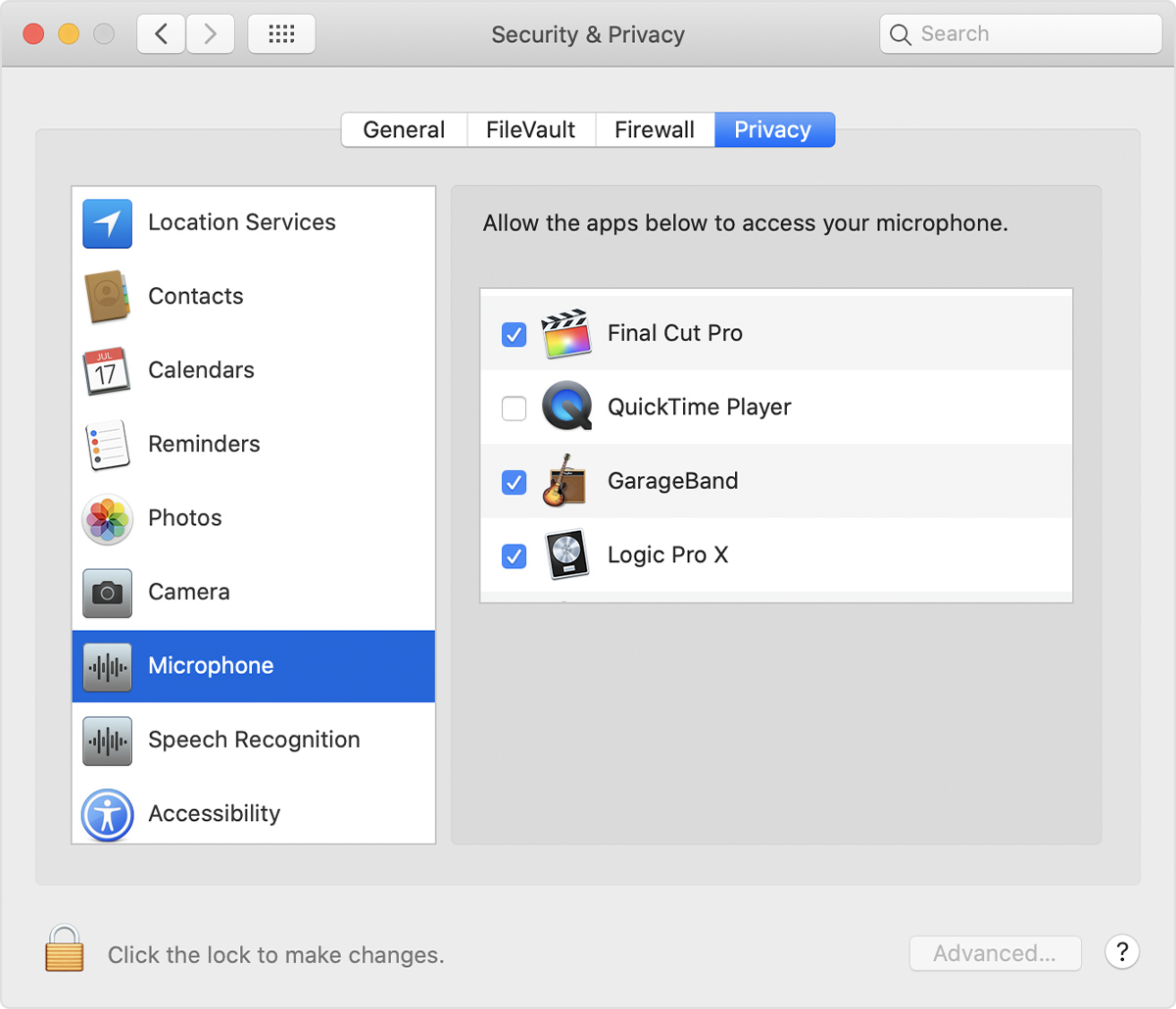 Mac computer microphone privacy settings menu