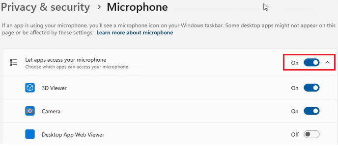 Turn on let apps access your microphone