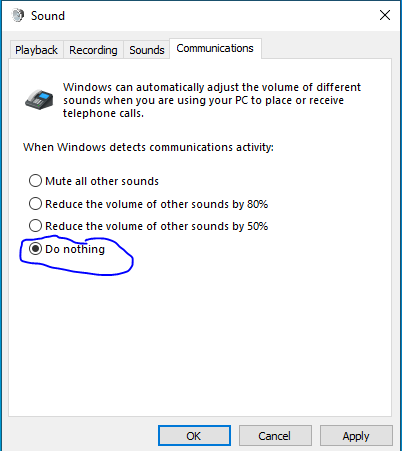 Windows sound control panel communications tab