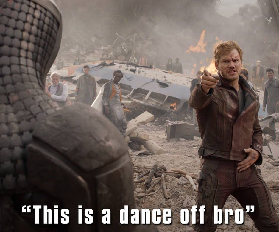 Starlord challenging ronan to a dance-off