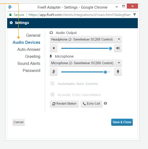 Five9 softphone application audio device settings