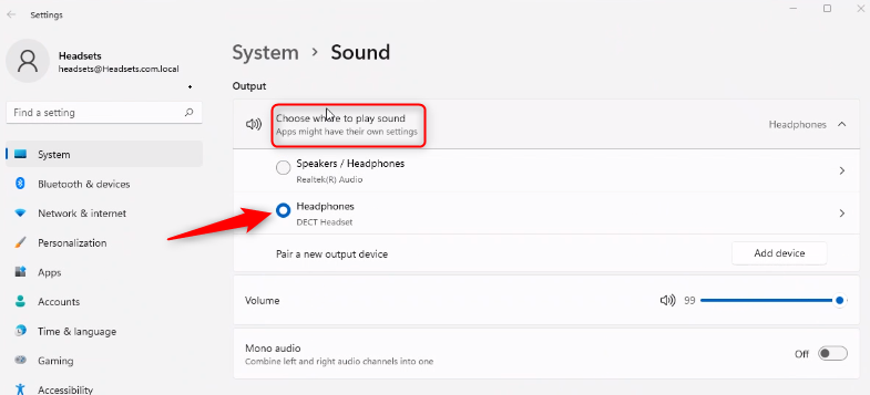 Windows 11 sound settings choosing your speaker