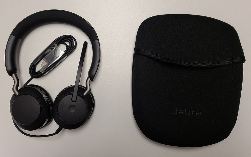 Jabra Evolve2 40 headset, cord, and case