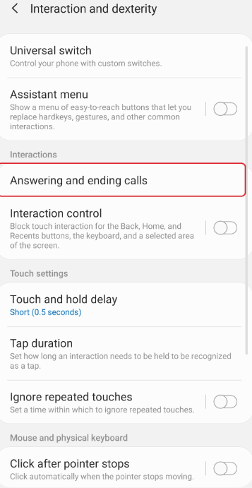 Samsung Bluetooth headset phone call setting page