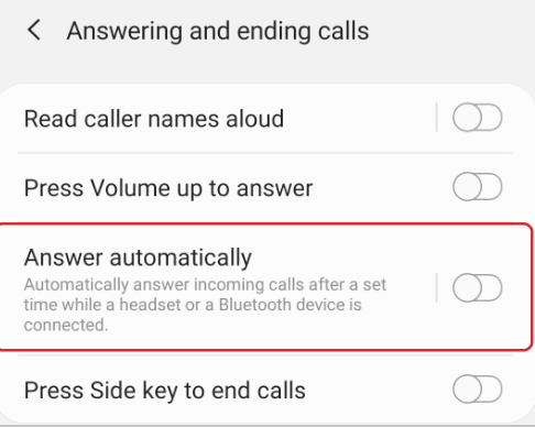 Samsung automatically answer Bluetooth calls setting