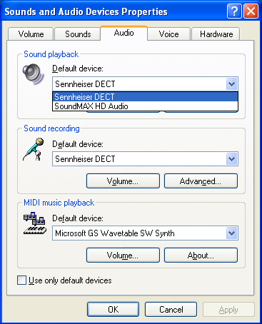 Windows sound control panel audio settings tab