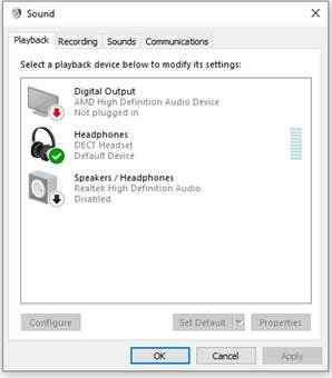 Windows sound control panel playback tab
