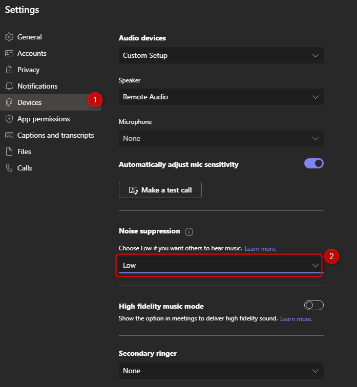 Microsoft Teams device noise suppression setting